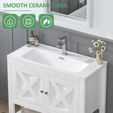 4ever2buy Farmhouse Bathroom Vanity with Sink, 35 Inch Bathroom Vanity Cabinet, Freestanding Vanity, 2 Doors and Open Shelf, Bathroom Cabinet with Ceramic Sink, White 4ever2buy