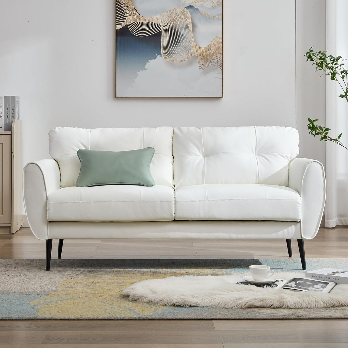 TYBOATLE Sofa Couch 61" Loveseat Couches for Living Room, White Faux Leather Couch Mid Century Modern Tufted Mini Sofa Comfy Office 2 Seat Settee Love Seat Small Couches for Small Spaces Bedroom TYBOATLE