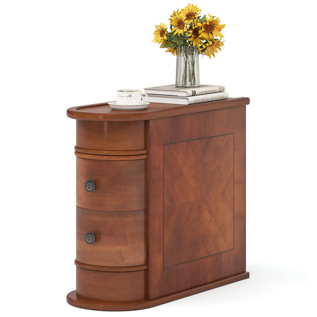 LITTLE TREE Wood End Table with 2 Drawers Sofa Side Table, No Assembly Required Vintage Slim Nightstand Bedside Table for Bedroom LITTLE TREE