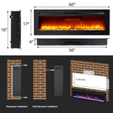 Takywep 60" Electric Fireplace Wall Mounted and Recessed with Remote Control, 750/1500W Ultra-Thin Wall Fireplace Heater W/Timer Adjustable Flame Color and Brightness, Log Set & Crystal Options Takywep