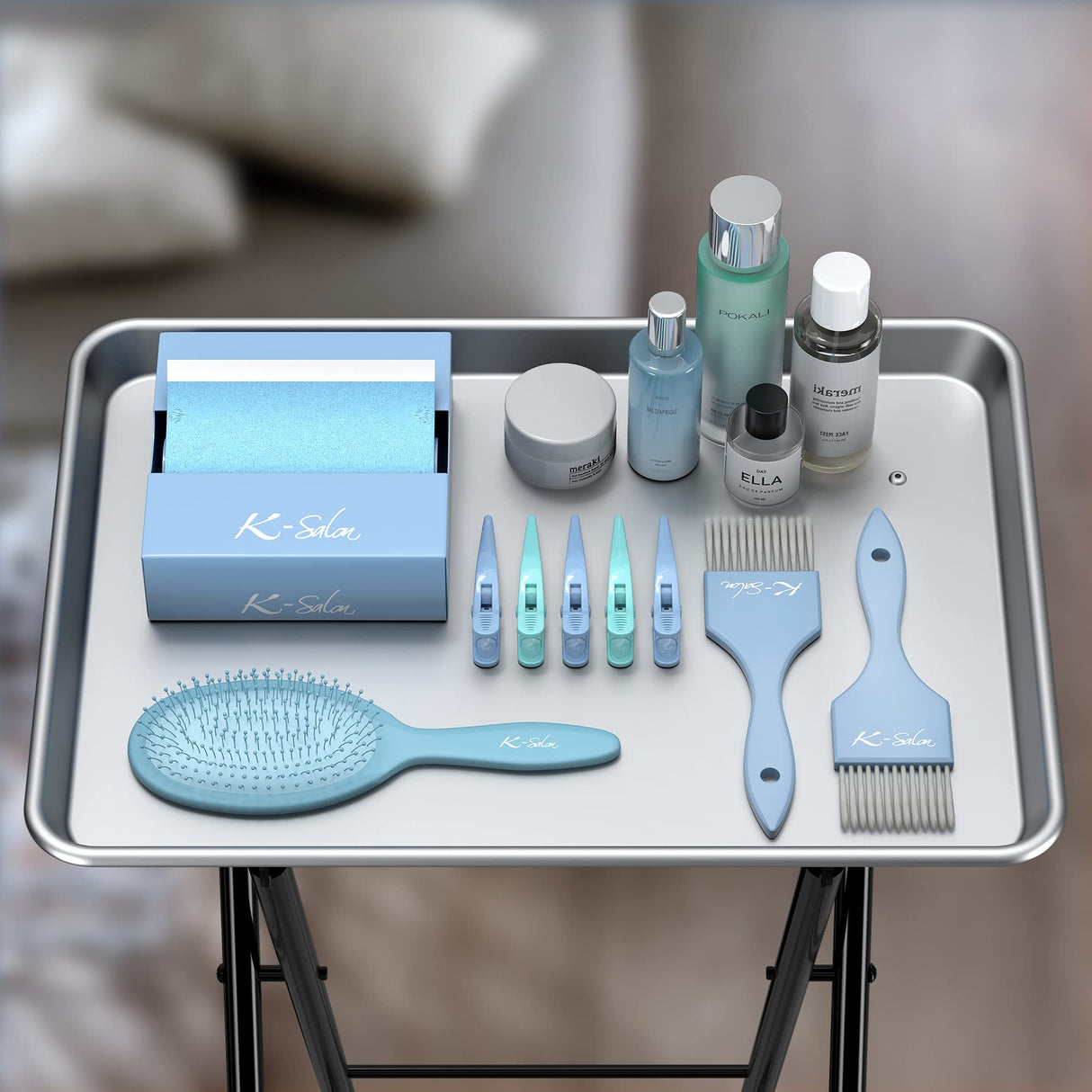 Aluminum Foldaway Folding Service Tray on Wheels K-Salon