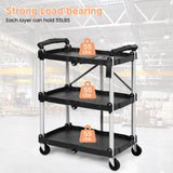 3 Tier Folding Rolling Utility Cart, Portable Collapsible Service Cart, 165 Lbs, Foldable Tool Cart with Dual Ergonomic Handles, Wheels for Warehouse, Home, Restaurant, Black EliteEdge