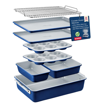 Bakken 8-Piece Stackable Bakeware Set - Ceramic Non-Stick Coating, Baking Sheets, Assorted Baking Pans, PTFE, PFOA & PFOS Free - Healthy Baking, Ergonomic Handles, Cooling Rack, Non-Toxic, Oven-Safe Bakken- Swiss