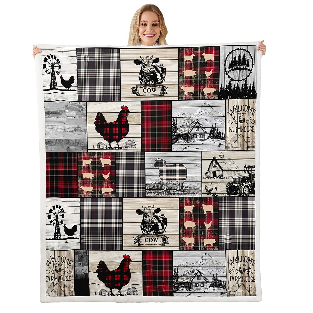 Rustic Farm Animal Fleece Bed Blanket Throw 50"X60" Retro Buffalo Plaid Farmhouse Cabin Throw Blanket Country Sheep Chicken Cow Print Sherpa Blanket,Grid Windmill Flannel Blanket Red Black Grey Erosebridal