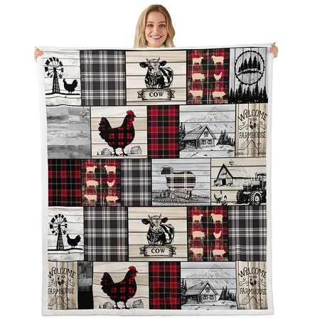Rustic Farm Animal Fleece Bed Blanket Throw 50"X60" Retro Buffalo Plaid Farmhouse Cabin Throw Blanket Country Sheep Chicken Cow Print Sherpa Blanket,Grid Windmill Flannel Blanket Red Black Grey Erosebridal