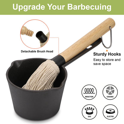 LIAIKI Casting Iron Basting Pot and BBQ Mop Brush, 2 Pcs BBQ Basting Set with Cast Iron Saucepan and Brush for Meat Smoker, Grill and Stove, Mini Cast Iron Melting Pot for Pre-Seasoned