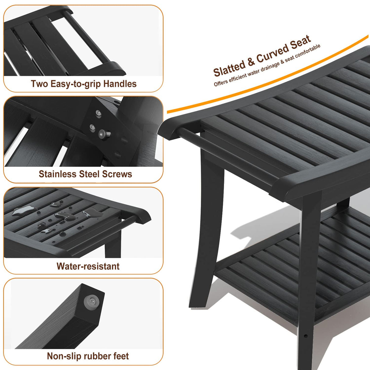 Bamboo Shower Stool Bench Waterproof with Storage Shelf for Shaving Legs or Spa Bath Seat in Bathroom & Inside Shower for Adults Seniors Elderly (24 x 13.4 x 18.5 inches+Black) Zhuoyue