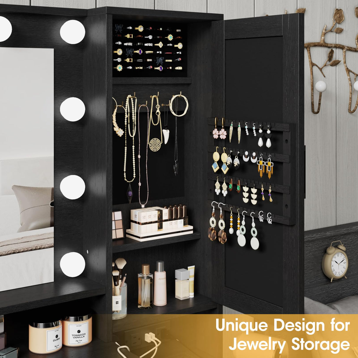 Fameill Vanity Desk with Mirror and Lights,Make up Vanity with Chair and Outlet,Dressing Table with Jewelry Cabinet, Bedroom Vanity with 2 Drawers, 3 Lighting Colors,36.4 inch,Black Fameill