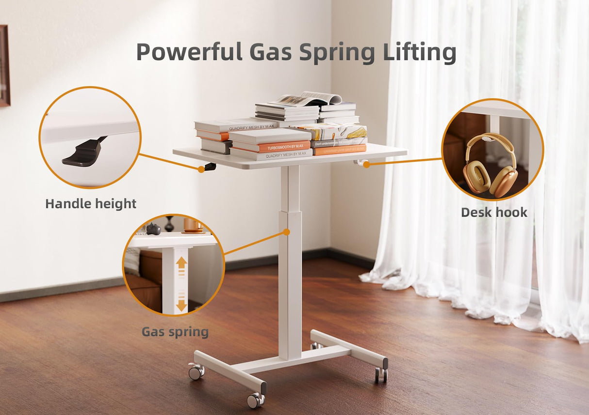 Claiks Mobile Standing Desk, Small Rolling Standing Desk, Mobile Desk Workstation with Wheels, Pneumatic Mobile Laptop Desk for Home Office with Hook, White Claiks