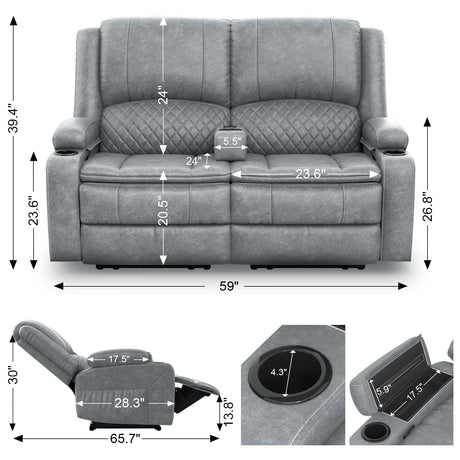 Yolsali Loveseat Recliner Sofa, Manual Reclining Loveseat with Removable Armrest, PU Leather Double Recliner for RV with 2-Tier Cushions, USB Charging Ports, Cup Holders - Gray, PU Yolsali