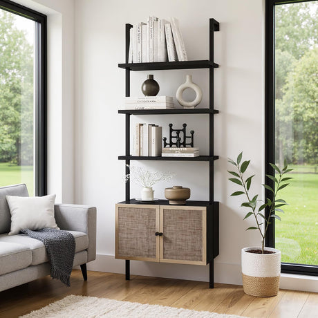 SOLACE FURNITURE Rattan Bookcase, 6 Tier Ladder Bookshelf with Rattan Cabinet, Wall Mount Tall Bookshelves and Bookcases with Metal Storage Shelves Display for Living Room Bedroom Home Office, Black SOLACE FURNITURE