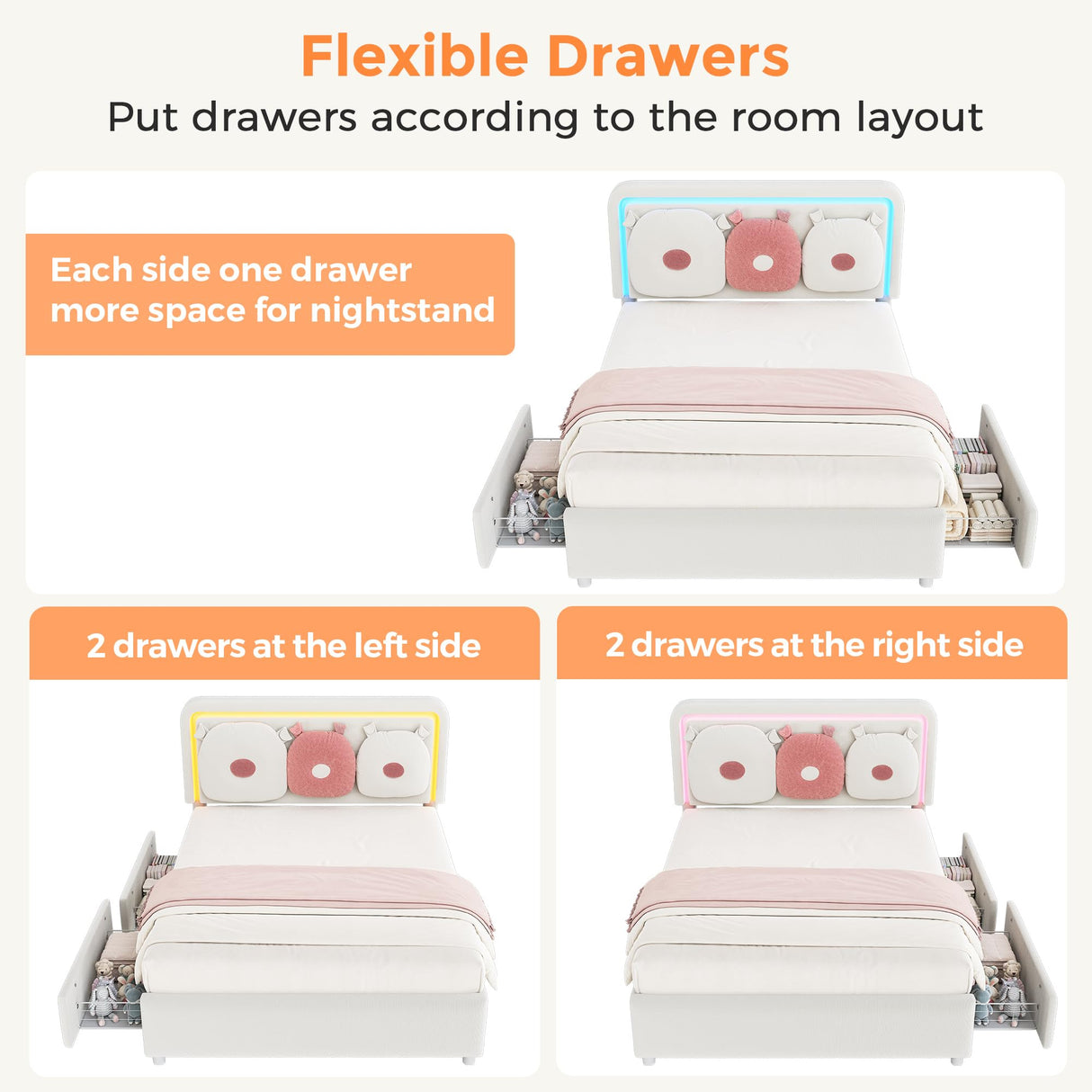 Full Boucle Upholstered LED Bed Frame with Storage Drawer and Adjustable Chic Double Arc Headboard, Princess Platform Cloud Bed with Backrest, Heavy Duty Metal Support, No Box Spring Needed, White Jocoevol