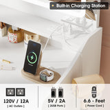 Vabches Makeup Vanity Desk with Mirror and Lights, White Vanity Table with Lighted Mirror & Power Outlet, Makeup Desk with 2 Drawers and Cabinet, for Bedroom Vabches