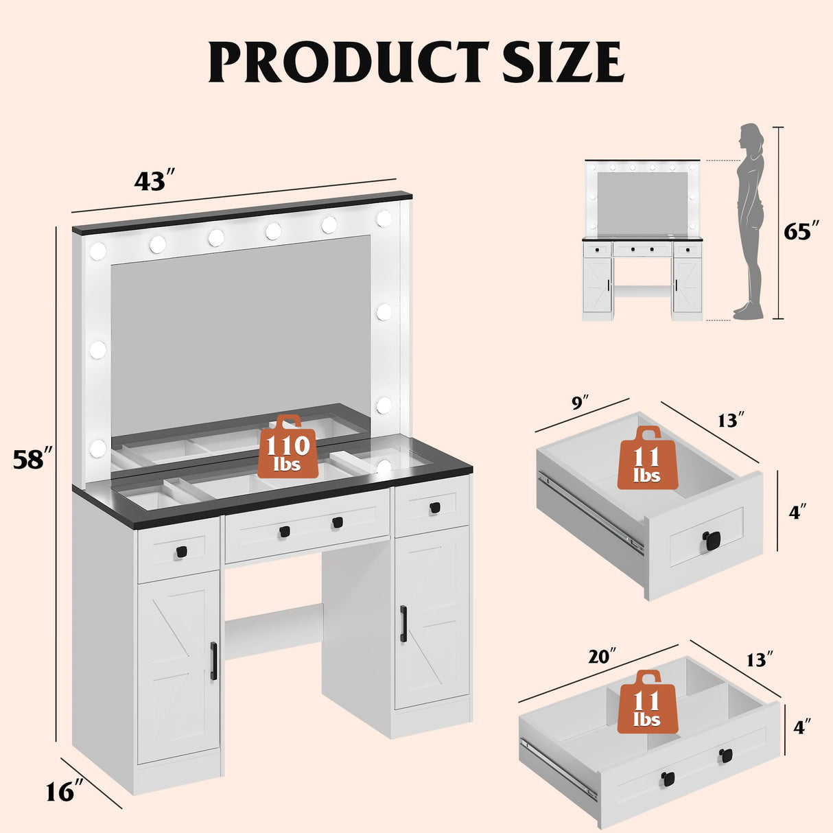 WLIVE 43‘’ Farmhouse Makeup Vanity Desk with Large Mirror and Lights, Glass Top Vanity Table with 3 Drawers and 2 Cabinets, Dressing Table w/ 3 Color Modes for Bedroom, Vanity with Lights (White) WLIVE