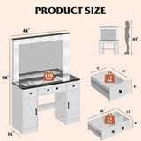 WLIVE 43‘’ Farmhouse Makeup Vanity Desk with Large Mirror and Lights, Glass Top Vanity Table with 3 Drawers and 2 Cabinets, Dressing Table w/ 3 Color Modes for Bedroom, Vanity with Lights (White) WLIVE