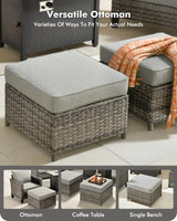 CAODOC 6-Piece Outdoor Wicker Patio Set with 7 Seats, Including 43" Fire Pit - Sectional Sofa and Conversation Set for Backyard or Lawn, Gray Rattan with Waterproof Dark Gray Cushions CAODOC