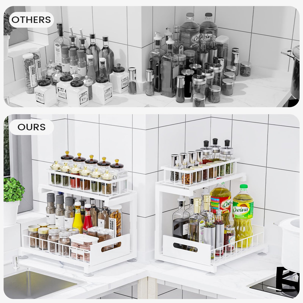 2 Pack Under Sink Organizer, 2-Tier Heavy Duty Metal Pull Out Cabinet Organizer Slide Out Sink Shelf Organizer Height Adjustable, Multi-Purpose Storage Shelf for Kitchen Bathroom (White,2 Pack) Toyear