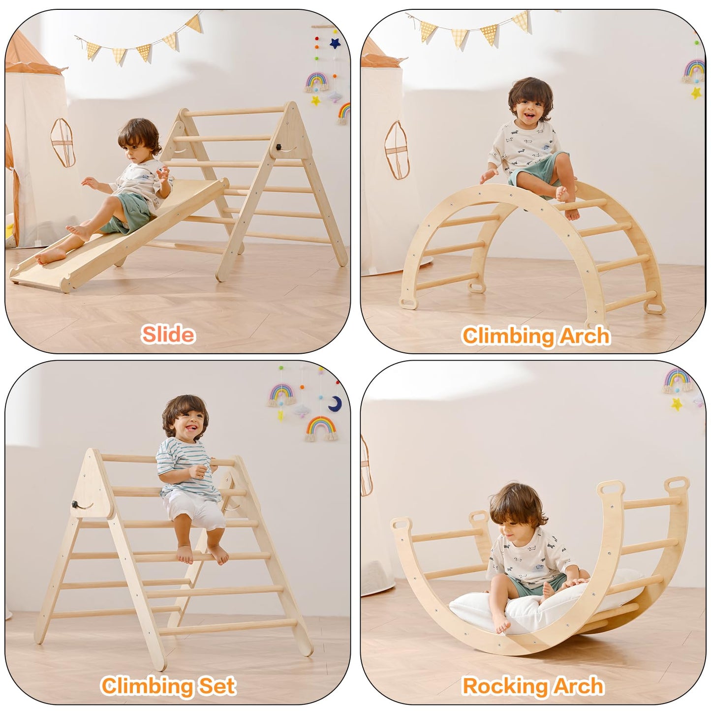 Pikler Triangle Set 7-in-1, Toddler Climbing Toys Indoor, Wooden Montessori Climbing Set with Arch&Ramp&Ladder, Indoor Gungle Gym for Kids