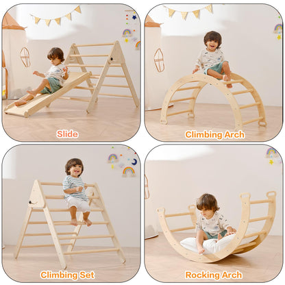 Pikler Triangle Set 7-in-1, Toddler Climbing Toys Indoor, Wooden Montessori Climbing Set with Arch&Ramp&Ladder, Indoor Gungle Gym for Kids