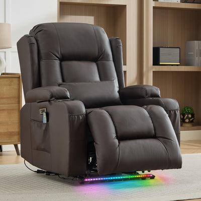 IPKIG Power Recliner Chair for Adults, Wall Hugger RV Recliners with LED Lights/USB Ports/Pillow/Side Pockets, Overstuffed Electric Recliner Sofa Chair for Living Room, Home Theater (1, Brown)
