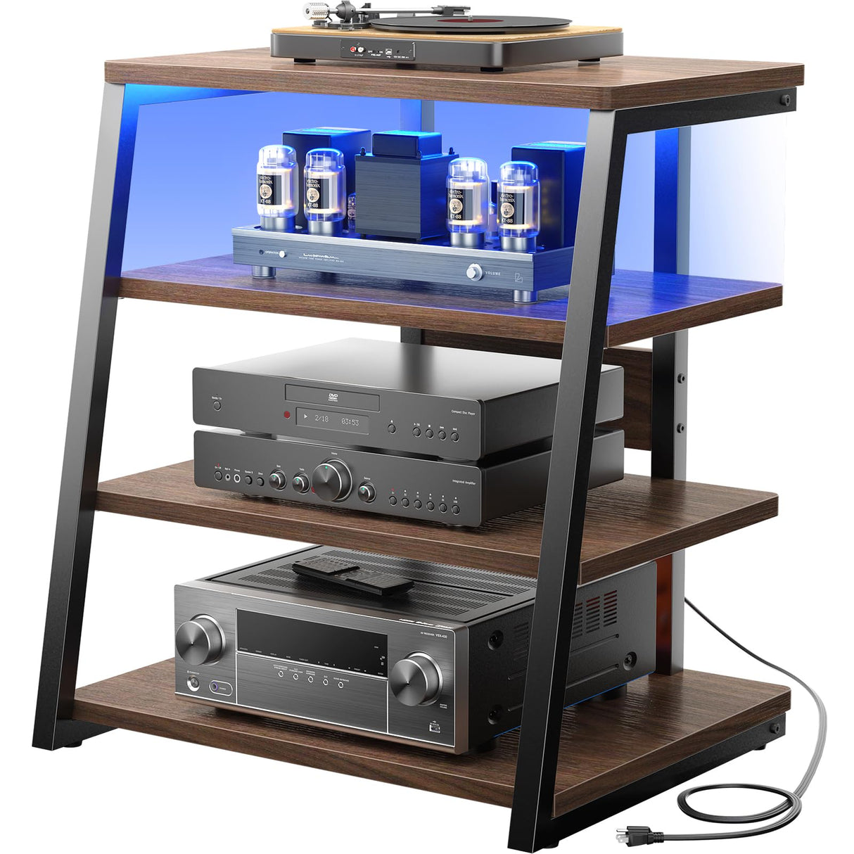 armocity 4-Tier AV Media Stand with Power Strips, Corner TV Stand with LED Lights, Rack Audio Tower with Adjustable Shelves, Corner Entertainment Center, 30'', Black Walnut armocity