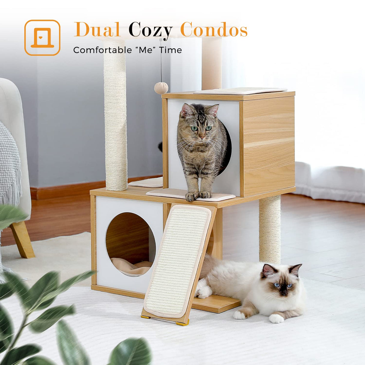 PAWZ Road Cat Tree 35 Inches Wooden Cat Tower with Double Condos, Spacious Perch, Fully Wrapped Scratching Sisal Posts and Replaceable Dangling Balls-Walnut PAWZ Road