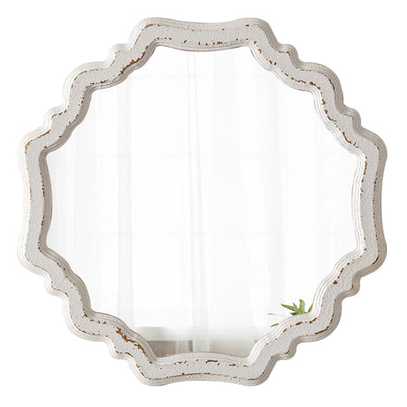 Sintosin Rustic Scalloped White Round Mirrors for Wall Decor Living Room 15.7 Inch, Hanging Vintage Wooden Circle Vanity Mirror for Bathroom, Handmade Distressed Farmhouse Wavy Entryway Mirror Sintosin