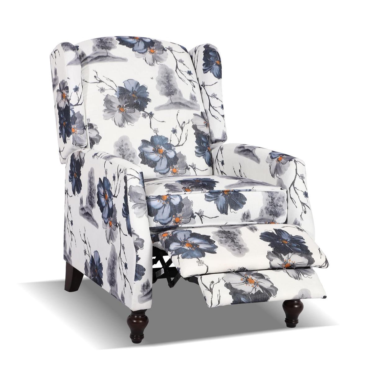 GUEAPY Mid-Century Modern Wingback Recliner Chair, Upholstered Push-Back Manual Recliner for Adults, Floral Accent Chair with Solid Wood Legs for Living Room & Bedroom, Blue GUEAPY