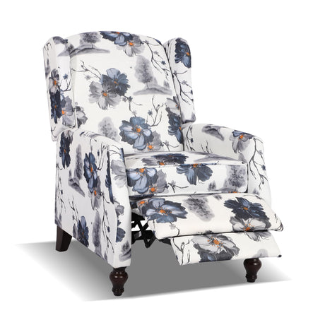 GUEAPY Mid-Century Modern Wingback Recliner Chair, Upholstered Push-Back Manual Recliner for Adults, Floral Accent Chair with Solid Wood Legs for Living Room & Bedroom, Blue GUEAPY