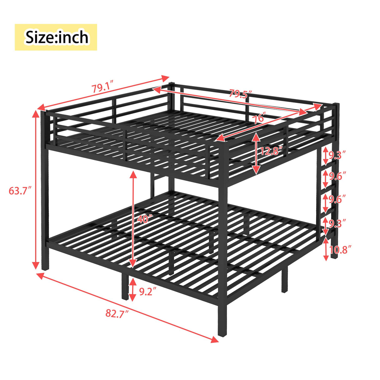 Bellemave Bunk Bed King Over King, Heavy Duty Metal Bunk Bed Frame, King bunk Bed for Adults, Adult bunk beds Heavy Duty, King Bunk Bed, Black Bellemave