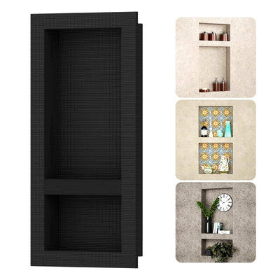 BWE Black Shower Niche Insert Tile Ready 16" X 32" Rectangle for Shower Wall Prefabricated Waterproof Double Shelves Recessed Niche for Shower Bathroom Storage