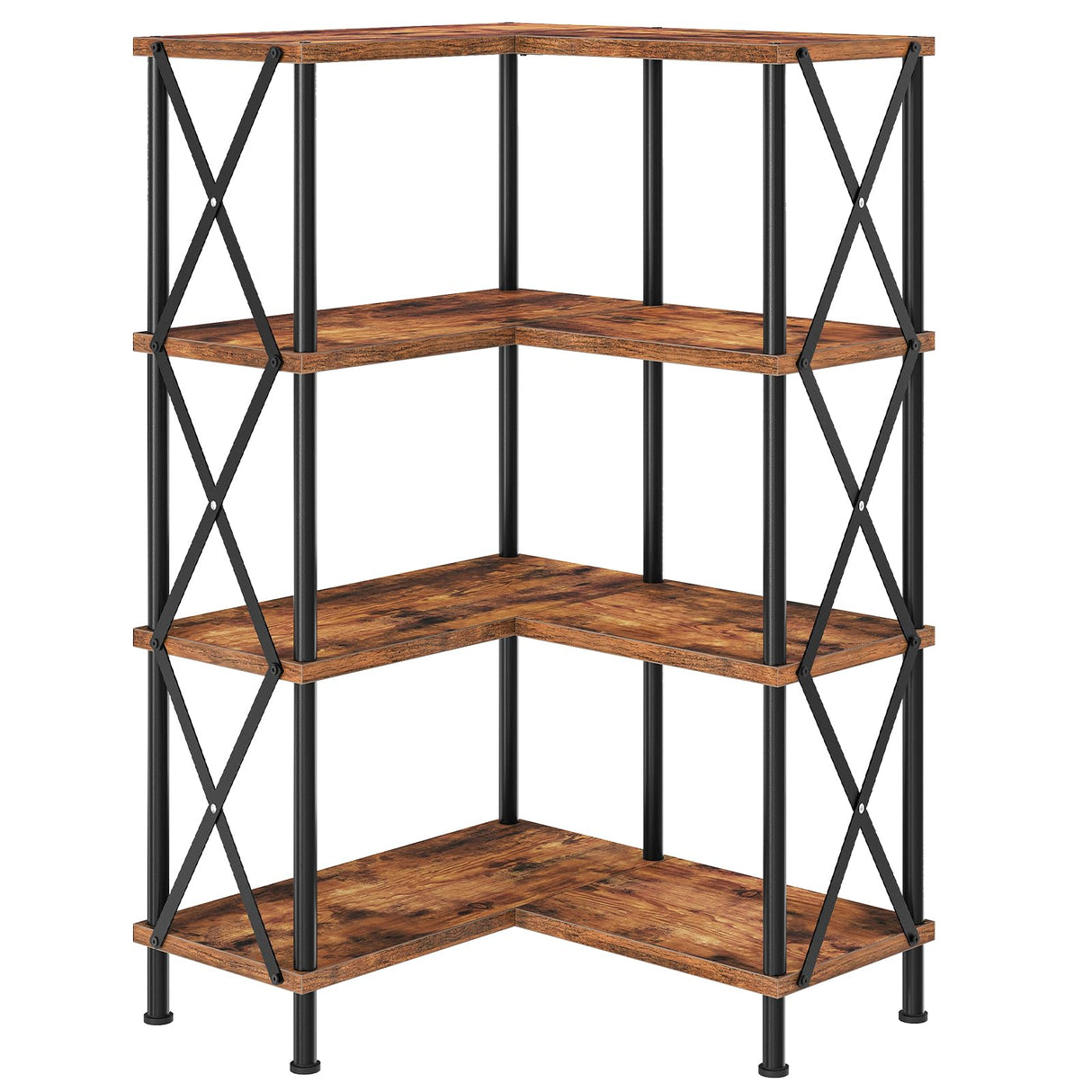 HOOBRO Corner Bookshelf, 4-Tier L-Shaped Bookcase, Industrial Open Display Shelf Tall Storage Organizer, Vertical Storage Rack, for Living Room, Home Office, Rustic Brown and Black BF59SJ01 HOOBRO