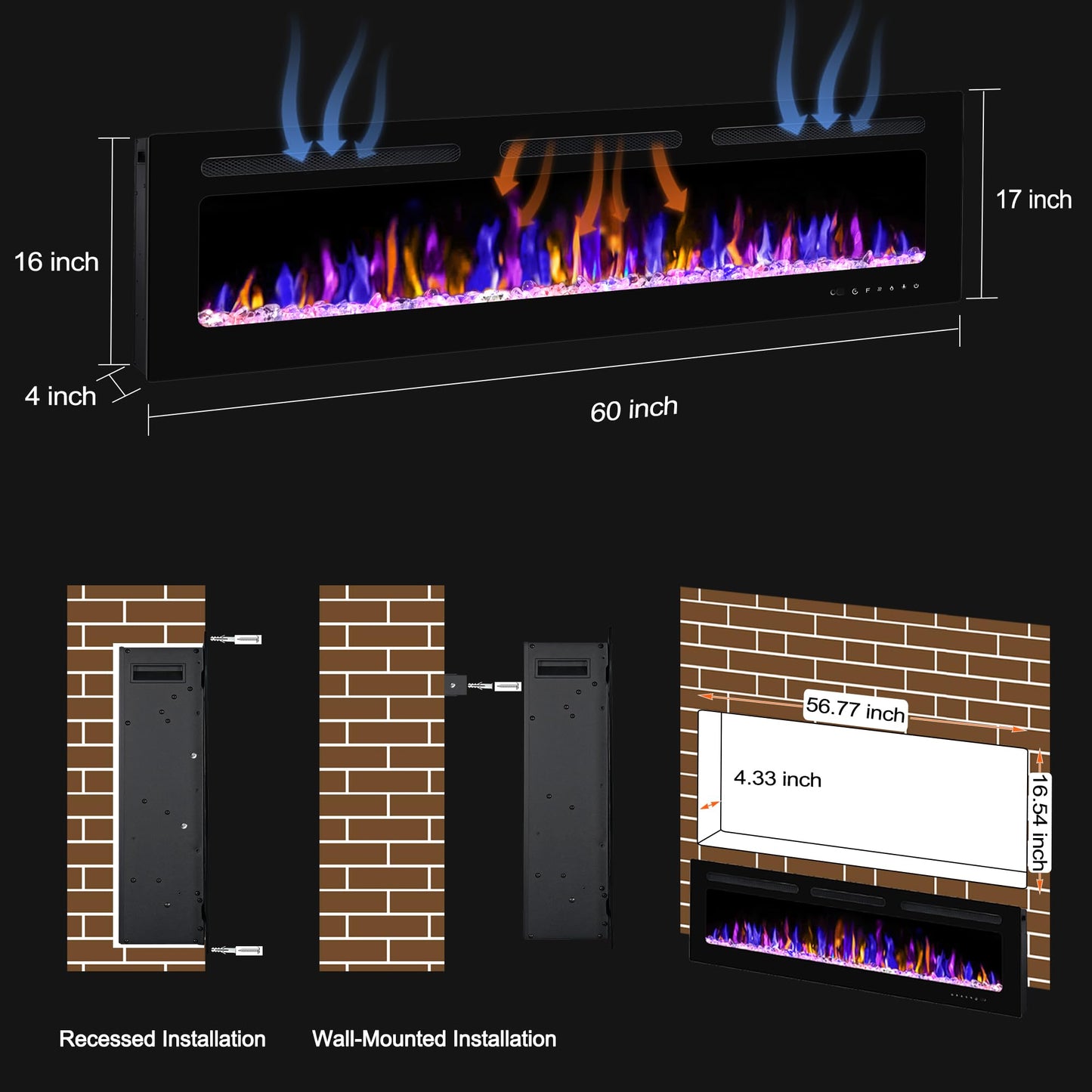 BETELNUT 60" Electric Fireplace Wall Mounted and Recessed with Remote Control, 750/1500W Ultra-Thin Wall Fireplace Heater W/Timer Adjustable Flame Color and Brightness, Log Set & Crystal Options