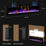 BETELNUT 60" Electric Fireplace Wall Mounted and Recessed with Remote Control, 750/1500W Ultra-Thin Wall Fireplace Heater W/Timer Adjustable Flame Color and Brightness, Log Set & Crystal Options BETELNUT