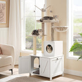HOOBRO Cat Tree Tower with Litter Box Enclosure for Indoor Cats, Wooden Cat Condo with Scratching Posts, Cat Litter Box Furniture Hidden, All-in-One Cat Toy with Cat House, White WT15MZ03 HOOBRO