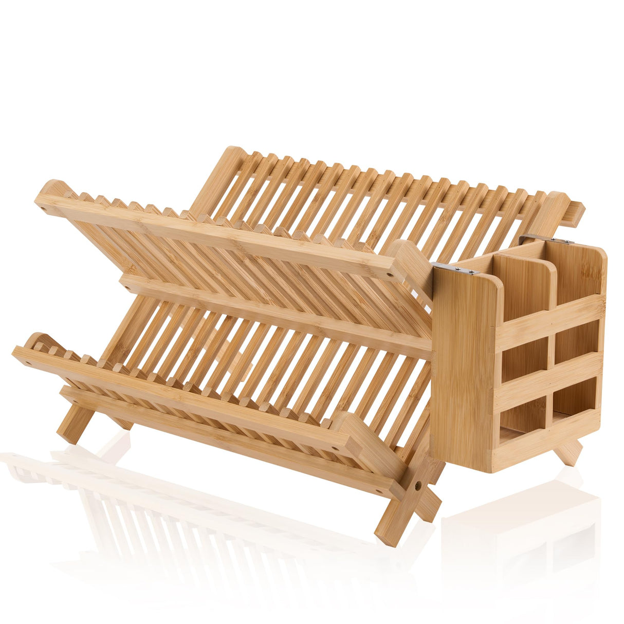NOVAYEAH Bamboo Dish Drying Rack-2 Tier, Collapsible Small Dish Rack with Utensil Holder, Wooden Drying Rack for Kitchen Counter, Apartment Essentials Kitchen Plate Holder, Kitchen Organization NOVAYEAH