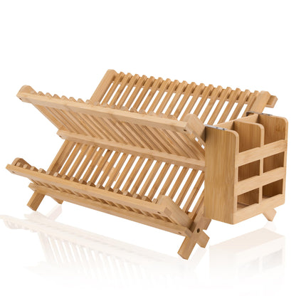 NOVAYEAH Bamboo Dish Drying Rack-2 Tier, Collapsible Small Dish Rack with Utensil Holder, Wooden Drying Rack for Kitchen Counter, Apartment Essentials Kitchen Plate Holder, Kitchen Organizati - WoodArtSupply