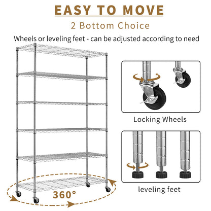 YYkokocat 6-Tier Adjustable Storage Shelves Heavy Duty Wire Shelving Unit with Wheels 2100Lb Metal Layer Rack Shelf NSF Shelving for Closet Kitchen Garage, 82" H x 48" L x 18" D - Chrome