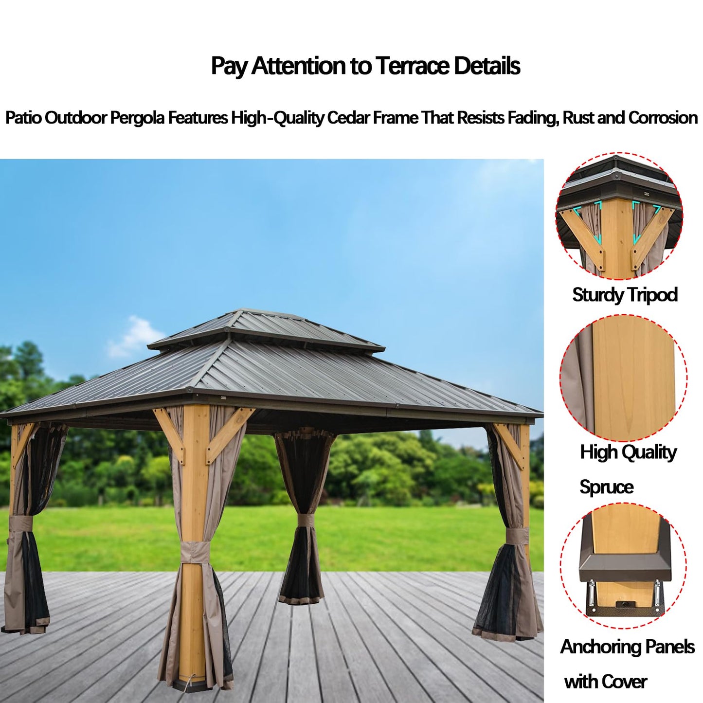 12x14ft Hardtop Gazebo Cedar Wood Frame, Outdoor Gazebo with Galvanized Steel Double Roof, Grill Gazebo Suitable for Patios, Backyards and Lawns - WoodArtSupply