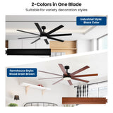 Modern 72 Inch Ceiling Fans with Lights and Remote, Dual Color 8 Blades, Bedroom Living Room Office Library Cafe Outdoor Industrial, 3CCT Dimmable, 6 Speed Reversible Quiet DC Motor, Black/Wood Grain Conciseer