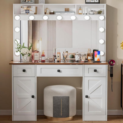 FURNJOYLIFE White Farmhouse Vanity Desk with Lighted Mirror & Charging Station, Makeup Vanity Dresser Table with 3 Lighting Modes Brightness Adjustable,Drawers,Shelves,Hair Dryer Stand for Be - WoodArtSupply