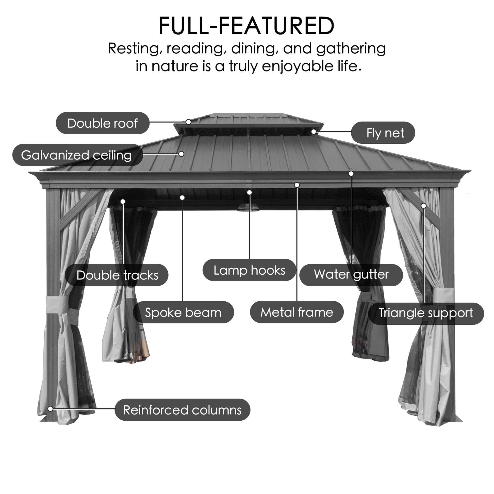 Kozyard Alexander 12' X 14' Hardtop Gazebo, Aluminum Metal Gazebo with Galvanized Steel Double Roof Canopy, Curtain and Netting, Permanent Gazebo Pavilion for Patio, Backyard, Deck, Lawn (Gra - WoodArtSupply