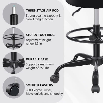 Primy Office Drafting Chair Armless, Tall Office Desk Chair Adjustable Height and Footring, Mid-Back Ergonomic Standing Desk Chair Mesh Rolling Tall Chair for Art Room, Office or Home(Black)