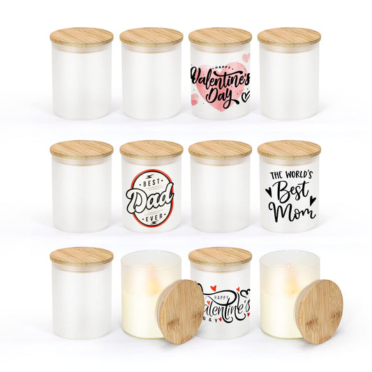 sweet grain 10oz Sublimation Glass Tealight Candle Holder with Bamboo Lids 12 Pcs Sublimation Frosted Glass Jar for Party Decorations, Birthday, Wedding and Dinner Table Decor