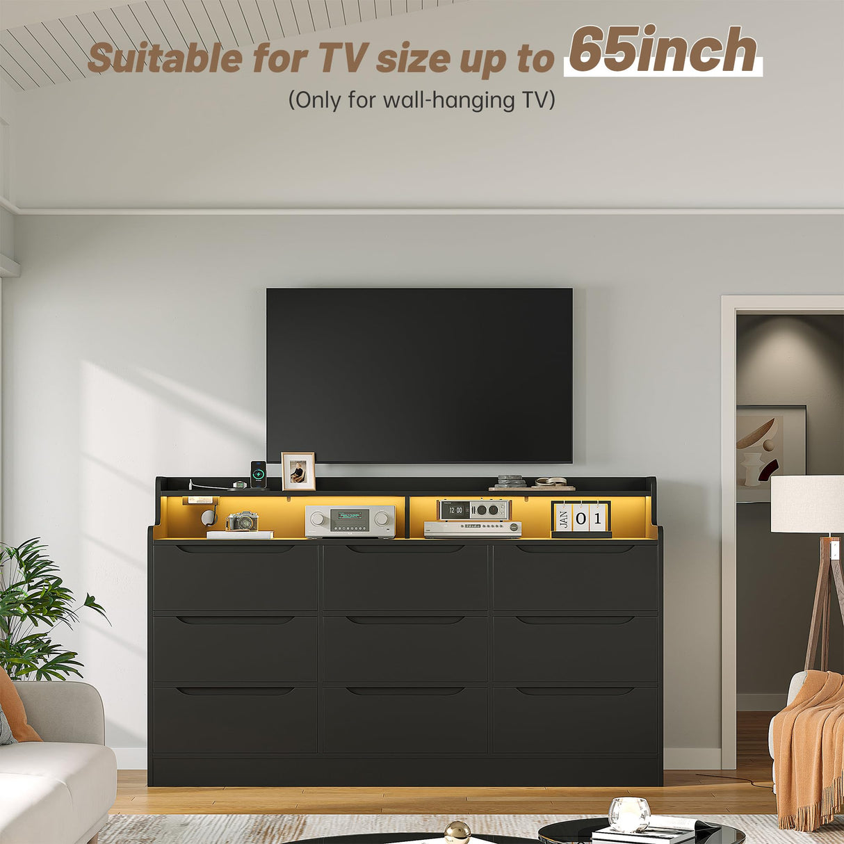 EnHomee 9 Drawers Dresser with LED Light Storage Shelves,Black Dresser for Bedroom with Charging Station,Dressers & Chests of Drawers with Handleless in Modern Style,Tall Wooden Dresser for Home EnHomee