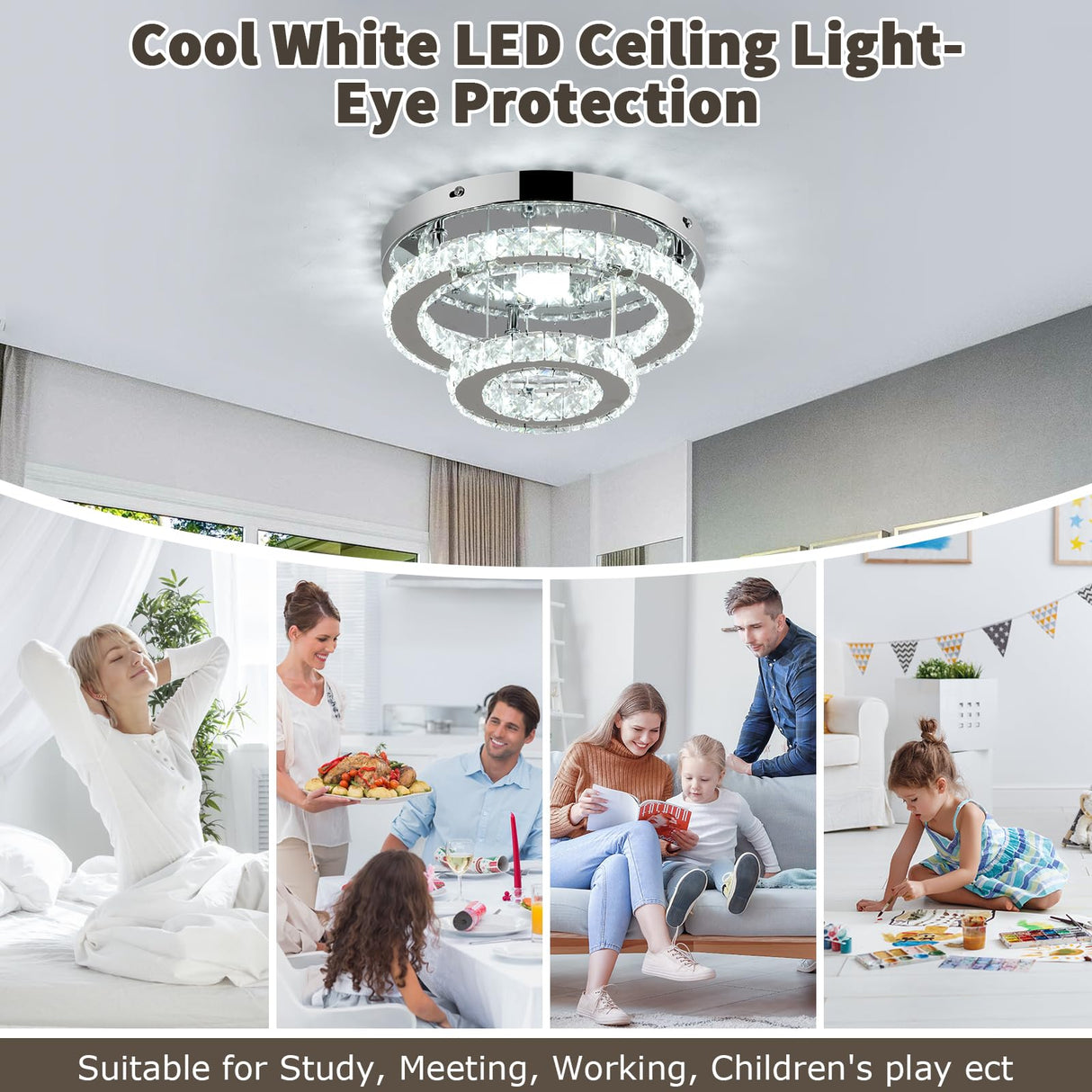 RHEAFON 9.8 Inch Mini Chandelier Light Fixture Round LED Crystal Ceiling Light Flush Mount Crystal Chandeliers for Bedroom Kitchen Foyer Closet Hallway Light, 6500K Cool White RHEAFON