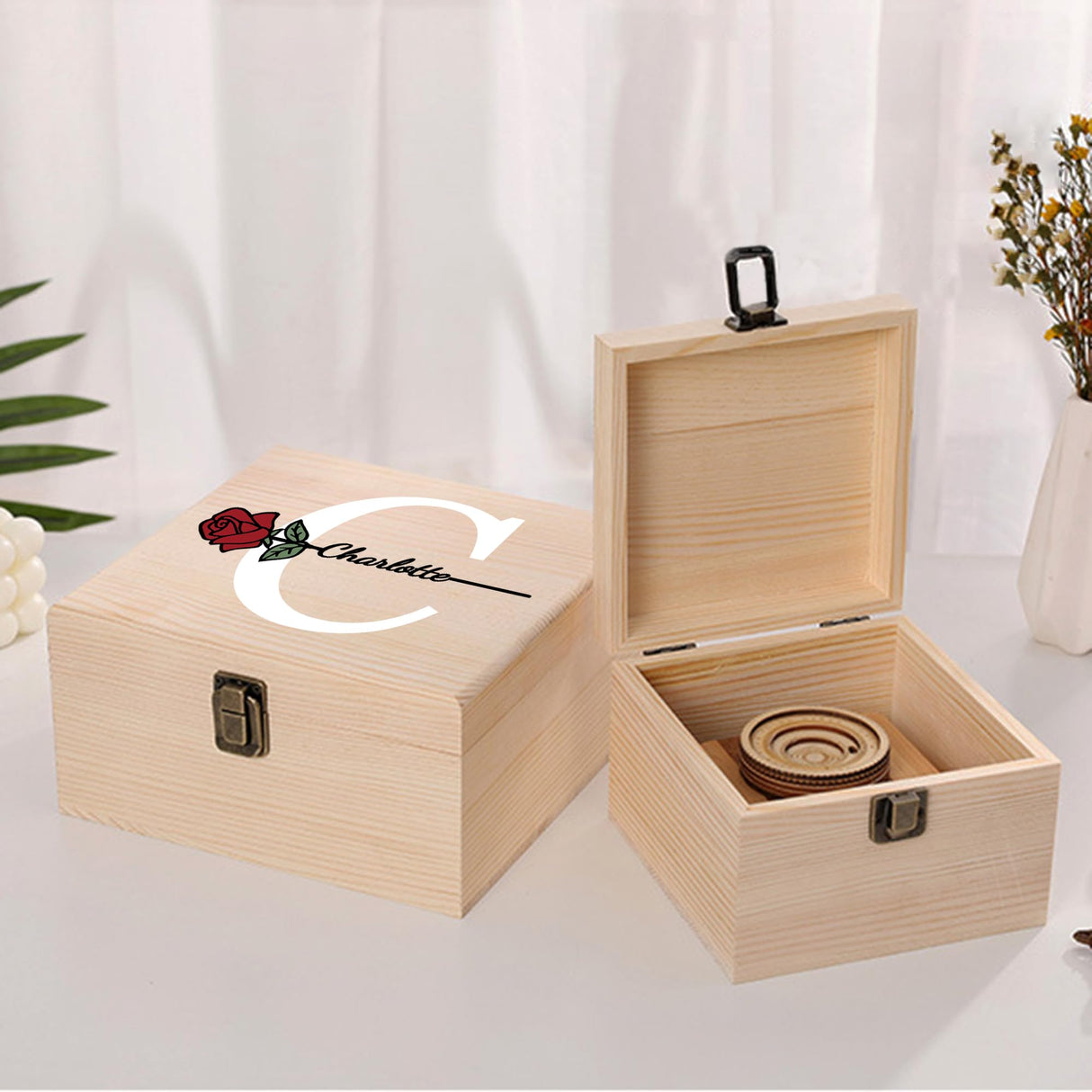 Personalized Wooden Keepsake Memory Box with Birth Flower & Name, Custom Wood Decorative Storage Box with Lids Customized Christmas Gift Box for Cooayyaooc
