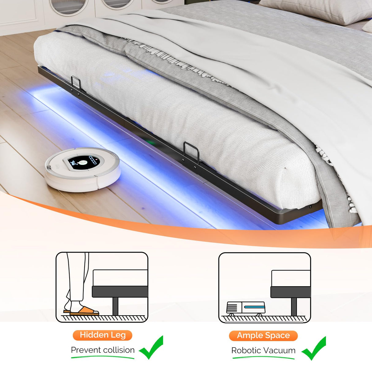 VINGLI King Size Floating Bed Frame with LED Lights and Charging Station, Cozy Hidden Storage Velvet Upholstered Headboard,No Box Spring Needed,Easy Assembly,Black VINGLI