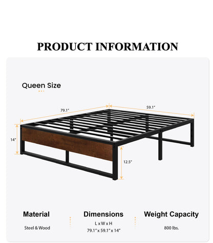 SHA CERLIN 14'' Queen Size Metal Platform Bed Frame with Rustic Wood & Ample Under-Bed Storage Solution - WoodArtSupply