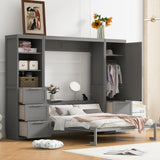Ball & Cast Murphy Bed Queen Size,Hideaway Wall Chest with Closet and Drawers,Storage Cabinet Bed Frame w/Shelves,can be Folded into a Cabinets,Bedroom Folding Bedframe for Guest Room,Study,Gray Ball & Cast